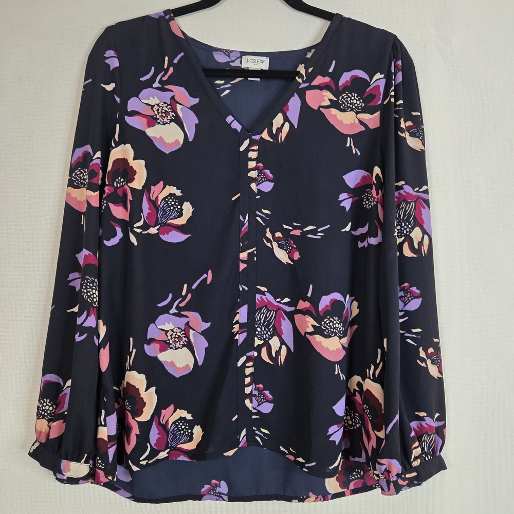 J. Crew Women's Size 8 V-neck, L/Sleeve Floral Navy Blouse